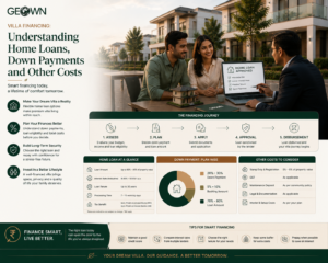 Premium GEOWN villa financing guide featuring an Indian couple discussing home loan options with a financial advisor in a modern villa community, with visual sections covering home loans, down payments, loan eligibility, registration and stamp duty, GST, documentation, maintenance deposits, and other costs involved in purchasing a villa.